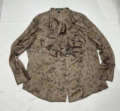 Blusa Lauren Ralph Lauren 100% Seda Mujer 18W Marrón Estampado Floral Volantes Cuello Foto 1 de 4