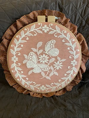 Wooden Framed Round Embroidery Danish Lace With Butterflies Vintage - Image 1 of 4