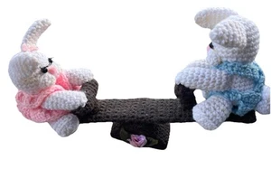 Adorable VTG Crocheted Bunny Rabbit Boy Girl Couple Teeter Totter Kitschy Retro - Picture 1 of 12
