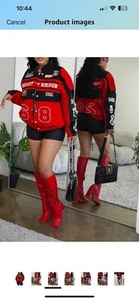 Women Motorcycle Detachable Letter Graphic Varsity Racer Jacket with skirt - Picture 1 of 3