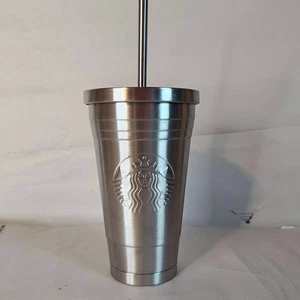 Starbuck Stainless Steel Tumbler Travel Cup Raised Mermaid 16 oz Straw 2012 - Picture 1 of 13