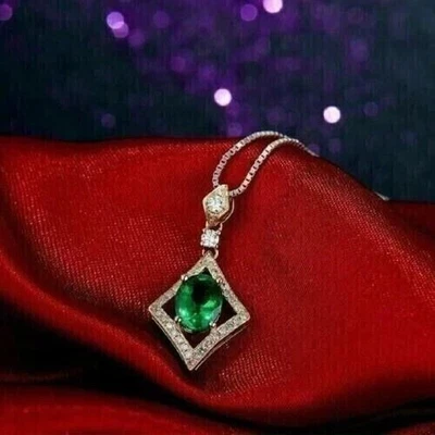 Oval Cut Emerald & Lab Created Diamond 2Ct Fancy Pendant 14k Yellow Gold Plated - Image 1 of 4