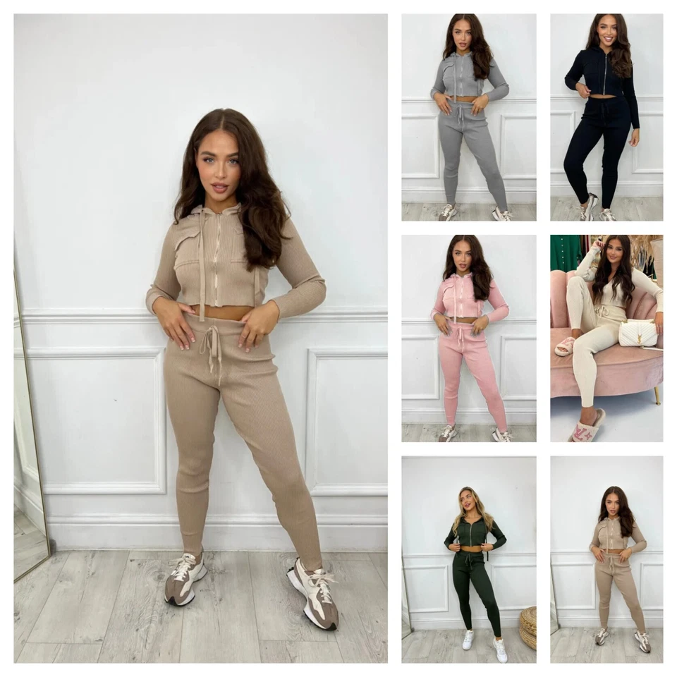 FASHIONATORS Damen Freizeit Crop Hoodie Jogger Reißverschluss Taschen Hose Lounge Wear Trainingsanzug Set