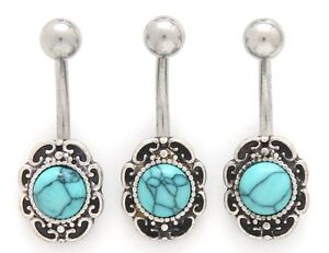 1) Single Steel Fancy Antique Round Turquoise Stone Belly Ring 14g Navel 383