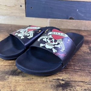 Ed Hardy Men's Love Kills Slowly Skull Black Slide Sandals Shower Beach Size 12 - Picture 1 of 10