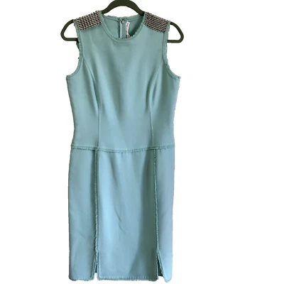 Oscar De La Renta Vintage Blue Sheath Dress SZ 6 Eyelash Fringed Edges Italy - Image 1 of 4