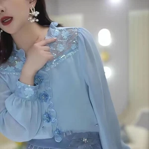 2025 New Blue Spring Women Long Sleeve Flower Tops stringy selvedge Neck Shirt - Picture 1 of 7