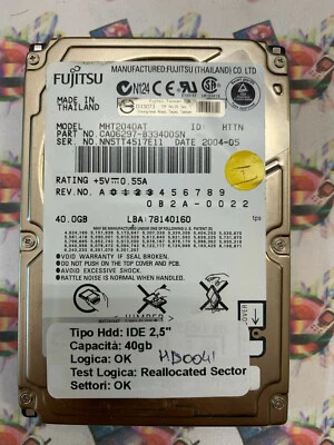 Hard Disk Usato IDE 2,5" 40GB FUJITSU MHT2040AT CA06297-B33400SN 2004-05 - Immagine 1 di 4