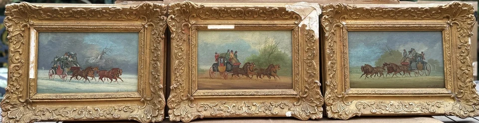 William Rowland (Reino Unido), Antiguo Juego de 3 Aceites "Stagecoach", Firmado/Enmarcado Foto 1 de 4