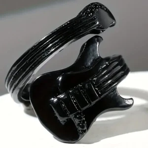 Guitar Adjustable Fashion* Ring Black Enameled Unisex - Picture 1 of 6