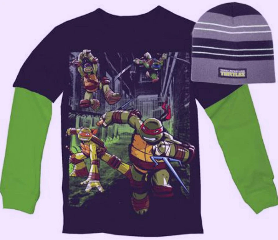 忍者神龟 T 恤 4 5 6 7 8 10 12 14 16 18 带 Beanie 帽子 全新 — 第 1/1 张图片