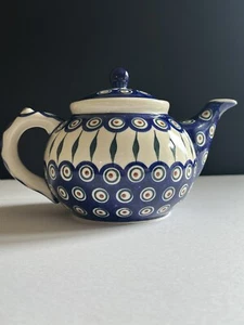 Polish Pottery Teapot Peacock Leaf Pattern BOLESLAVIEC Hand Painted 1995 - Picture 1 of 24