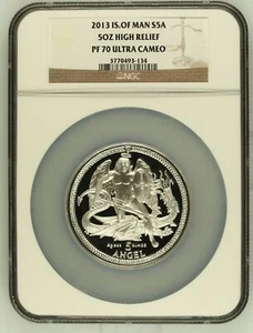 2013 S5A Isle of Man 5 oz. "Angel" High Relief NGC PF70 Ultra Cameo .999 Silver - Picture 1 of 2