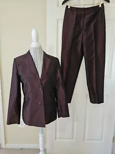ALFANI Womens Petite Maroon Metallic 100% Silk Classic Pants & Blazer Suit Sz.8P - Picture 1 of 24