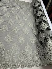 Black, White_  Floral Embroider Mesh Lace Fabric By Yard Metallic Corded Flowers