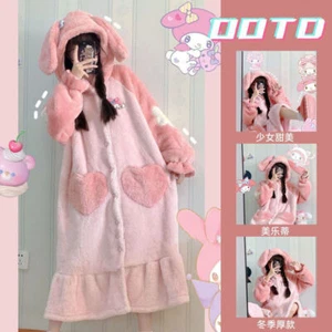 My Melody Pink Sweet Pajamas Dress Rabbit Ear Sleepwear Flannel Winter Warm Robe - Picture 1 of 8