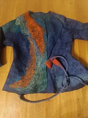 £9 Women's Wrap Jumper Size S/M Blue Mix Abstract Long Sleeve Knit Used F1 - Image 1 of 4
