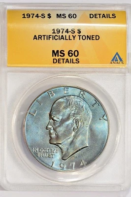 1974-S  EISENHOWER DOLLAR / ARTIFICIAL DBL SIDED BLUE TONED / ANACS MS60 DETAILS - Image 1 of 2