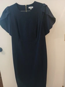 Calvin Klein Navy Blue Dress With Cap Sleeves Gold Zipper Size 14W - Picture 1 of 4