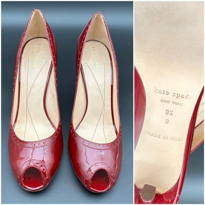 KATE SPADE Dark Red Patent Leather Heels Peep Toe Shoes Size 8.5 B Italy - Image 1 of 4