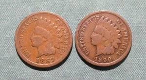 1889 and 1890 Indian Head Penny - (2) U.S. 1 Cent coins pennies - Photo 1 sur 2