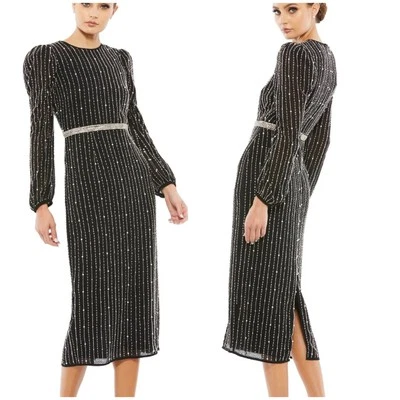 Vestido Mac Duggal Nuevo con Etiquetas Cuello Joya Adornado Tea Midi Manga Larga Talla 0 Negro Foto 1 de 4