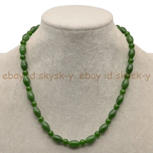 Natural Dark Green Jade 8x12mm Rice 6mm Round Jasper Gems Beads Necklace 14-36“ - Picture 1 of 18
