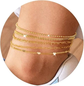 5 Pack 14K Gold Filled Anklets Figaro Heart Beaded Paperclip Cuban Chain Set - Picture 1 of 6