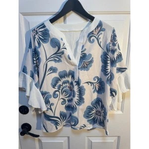 Women's abstract floral boho ruffle 3/4 sleeve V-neck oversized Size S - Picture 1 of 6