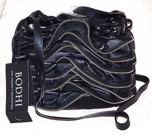 New Bodhi $598 Black leather Zipper ruffle handbag purse - Picture 1 of 7