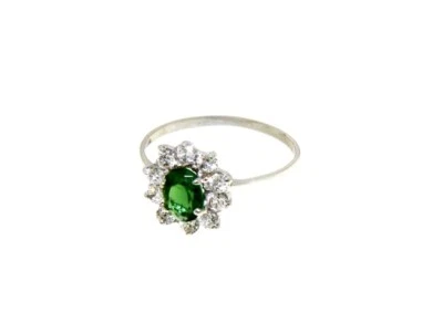 18K WHITE GOLD FLOWER RING OVAL GREEN CRYSTAL AND CUBIC ZIRCONIA FRAME — 第 1/4 张图片