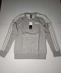 Adidas Ess Stripe Fleece Womens Crew Neck Long Sleeve Sweatshirt X small Gray XS - Picture 1 of 9