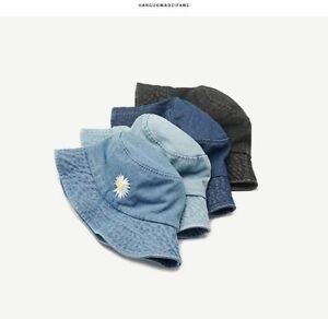1pc Embroidery Daisy Bucket Hats Washed Denim Fisherman Hat Women Headwear Acces