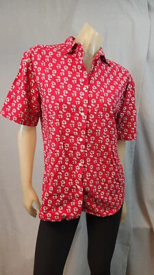 Generra Red Floral Collared Button Dwn Cotton Top Shirt Blouse Womens SMALL USED - Image 1 of 4