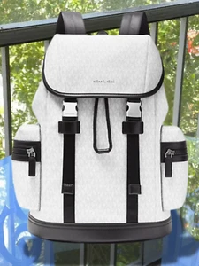 Michael Kors Cooper Men Buckle Straps Side Pockets Travel Backpack Bright White - Picture 1 of 12