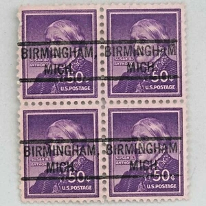 1955 Susan B. Anthony 50C Postage Block Birmingham Michigan Cancel - Bild 1 von 3