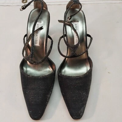 Ann Marino Black Leather Pointed Toe Strap Heels Charcoal sparkly shoes size 6.5 - Image 1 of 4