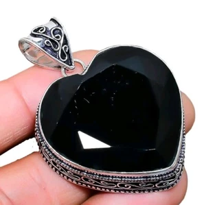 Onyx Black  Gemstone Handmade 925 Sterling Silver Jewelry Heart Cut Pendant - Picture 1 of 5