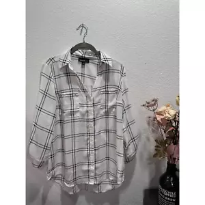 Fortune & Ivy Women's Size M Split Neck 3/4 Sleeve Black & White Stripe Blouse - Picture 1 of 3