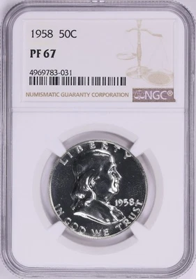 Полдоллара с изображением Франклина 1958 г. — NGC пруф-67 — красивая монета! - Изображение 1 из 2