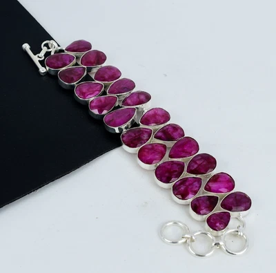 Kashmir Ruby Bracelet Lab Created Gemstone 925 Sterling Silver Bracelet For Wife - Image 1 of 4