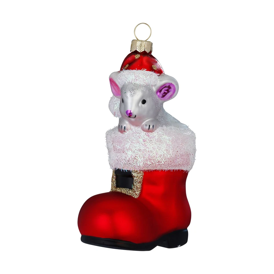 Christbaumschmuck Glas 11cm Maus in Stiefel Handbemalt Weihnachten Rot Weiß - Bild 1 von 1