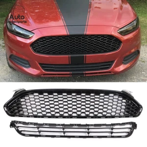 Gloss Black Grill For 2013-2016 Ford Fusion Front Bumper Upper&Lower Grille Set - Picture 1 of 13