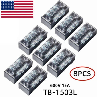 Dual Row 3-Position Screw Barrier Terminal Block Strip with Cover 8X 600V 15A - Image 1 of 4
