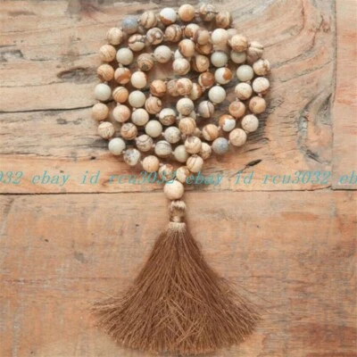 Collar Natural 8mm Cuadro Jaspe 108 Cuentas Borla Anudado Budismo Clásico Foto 1 de 4