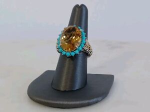 Women's Ring 8 Brazilian Citrine Sleeping Beauty Turquoise Vermell YG & Platinum