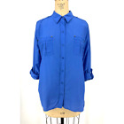 Chicos Blue Long Sleeve Roll Tab Button Front Cotton Silk Blouse Shirt 2