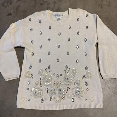 Vintage 80s Victoria Harbour Women sweater White Pearls Beaded Rhinestone Sequin - Image 1 of 4
