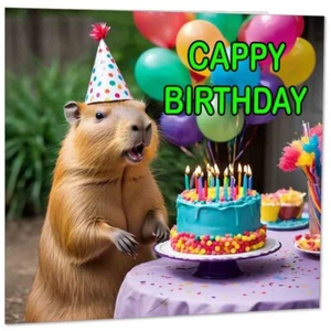 Capybara Birthday Card - Cappy Birthday - Cute Capybara bday Card 145mm x 145mm - Picture 1 of 6