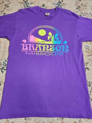 Vintage 90's Branson Missouri Tourist Graphic T-Shirt Neon Letters Purple Sz M/L - Image 1 of 4